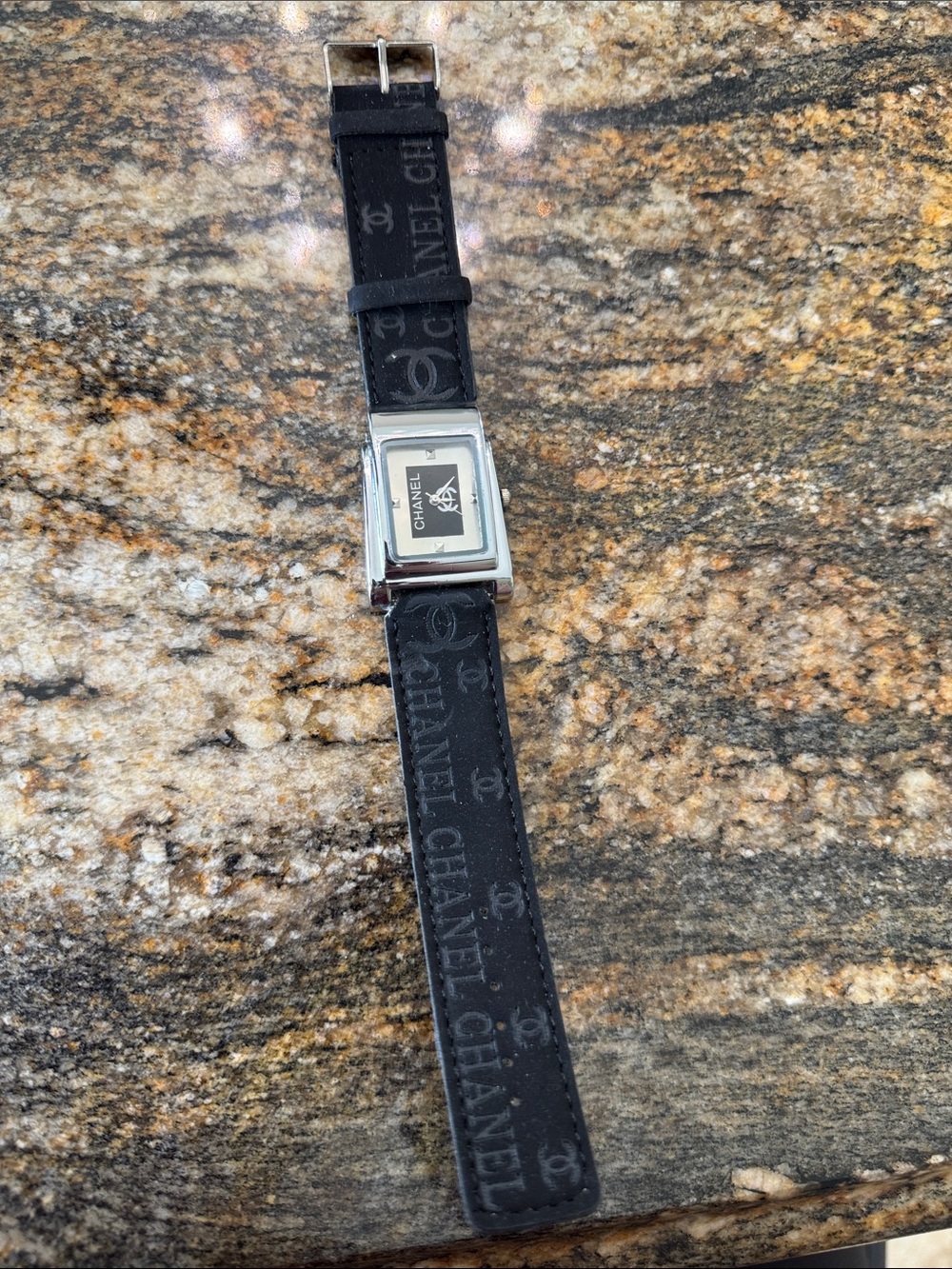 CHANEL Black Logo-Embossed Strap Square Dial Watch